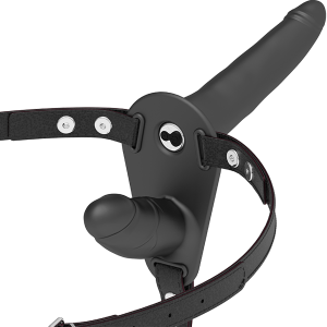 FETISH SUBMISSIVE – VIBRACIJSKI DVOJNI STRAP ON, silikon, črni, 15 + 8 cm