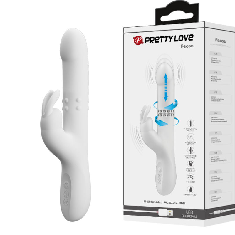PRETTY LOVE REESE, rabbit vibrator z rotirajočim obročkom, bel - slika 4
